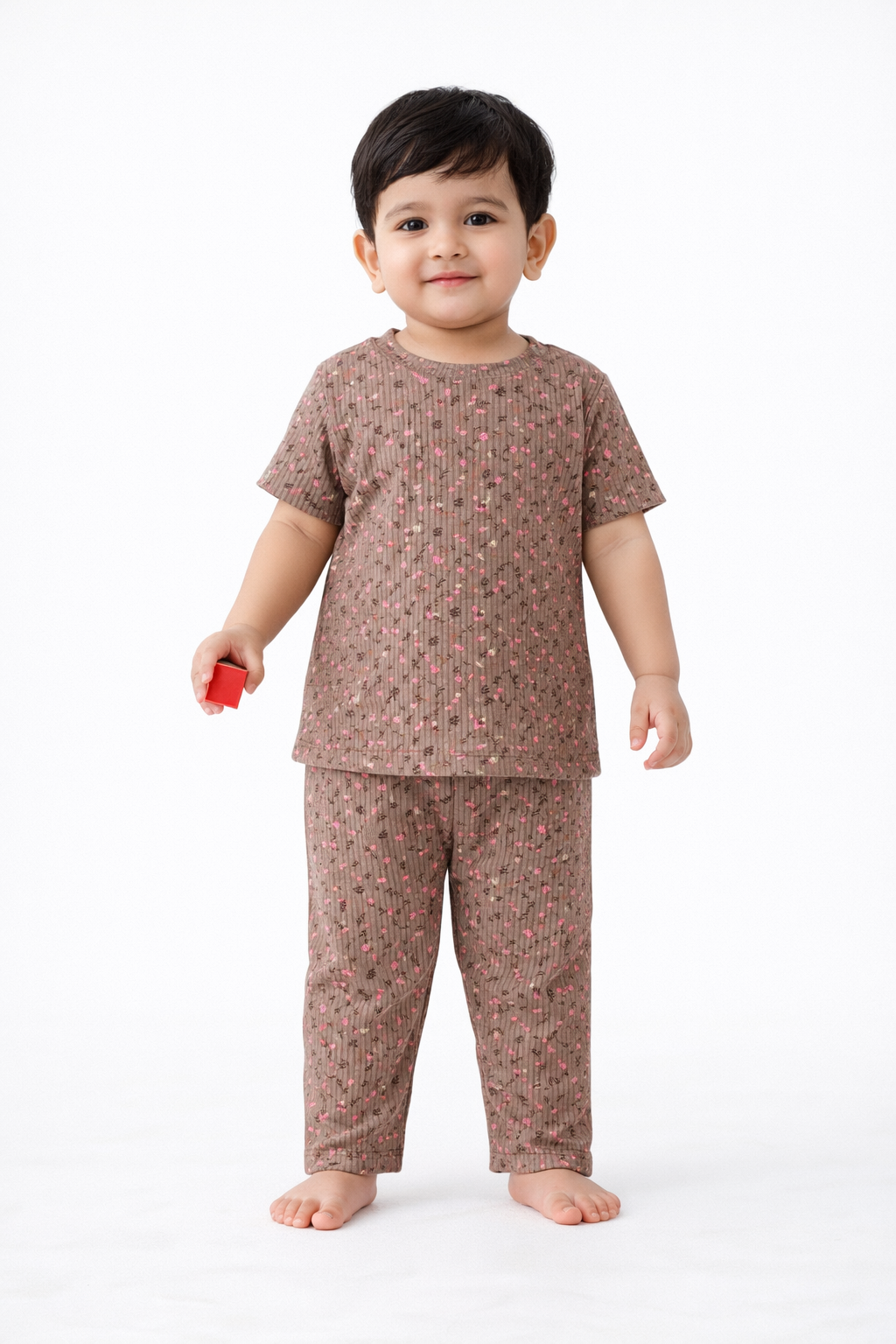 Premium Ribbed Half sleeves Tshirt with Pant (Small beige Brown)