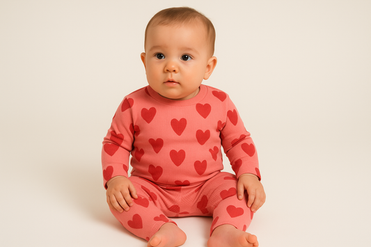 Premium Full sleeves Ribbed Tshirt with Pant (Pink Heart)(0-12 Months)