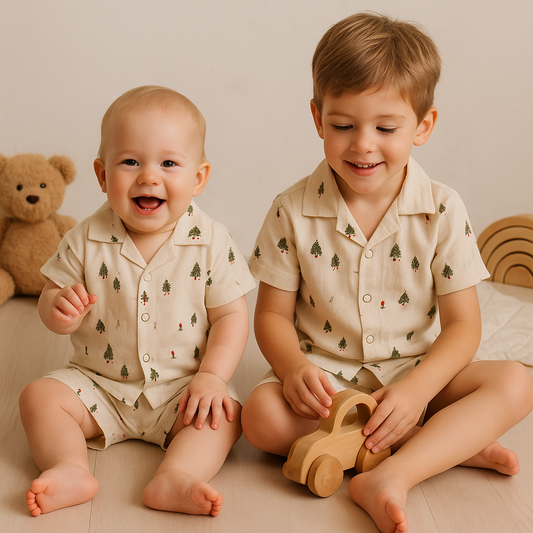 Muslin Front open Tshirt with Shorts Sets (Christmas Tree)