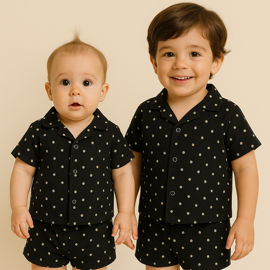 Muslin Front open Tshirt with Shorts Sets (Bold Black)