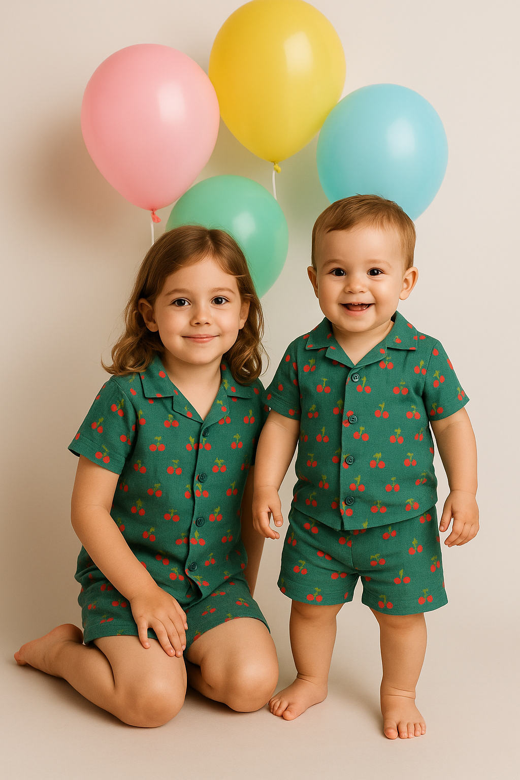 Muslin Front open Tshirt with Shorts Sets (Cherry Green)