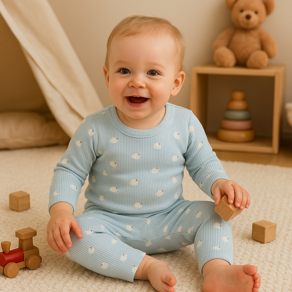 Premium Full sleeves Ribbed Tshirt with Pant (Blue Sheep) (0-36 Months)