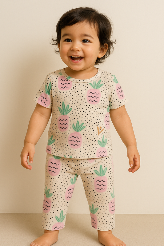 Premium Ribbed Shorts sleeves Tshirt with Pant (Pink Pineapple) (2-4 Yrs)