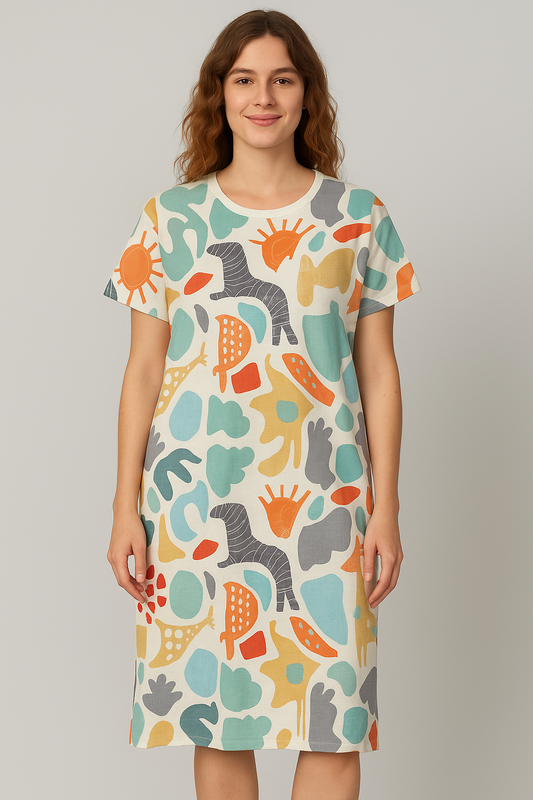 Women's Long POLO A-Line Top (Colorful Animals)