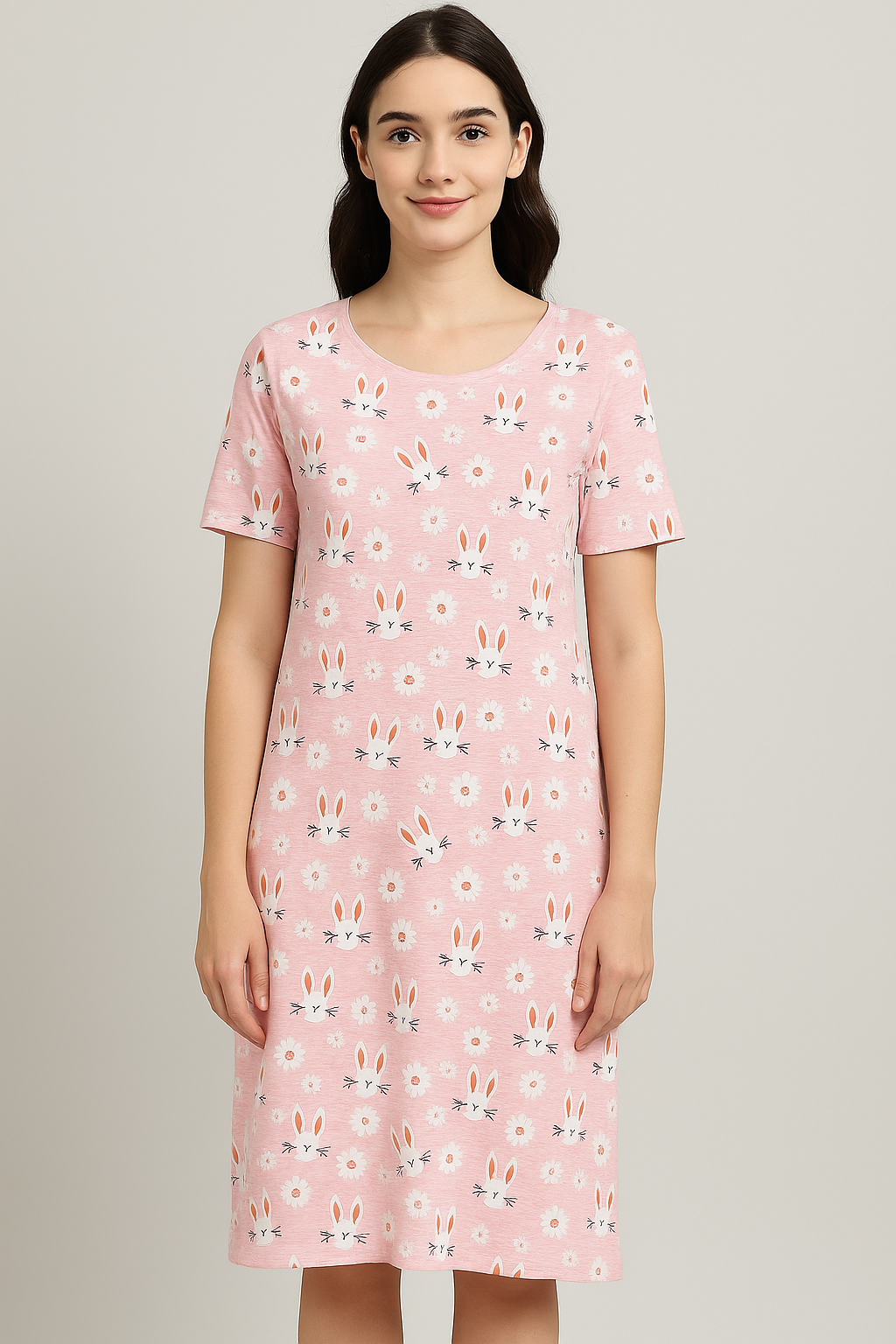 Women's Long POLO A-Line Top (Pink Bunny with Flowers)