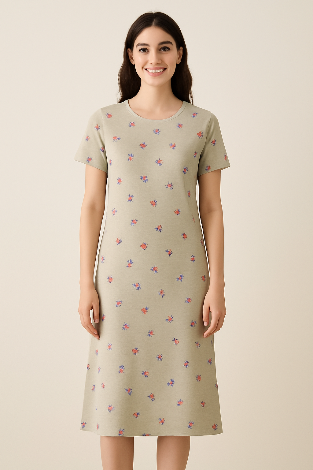 Women's Long POLO A-Line Top (Tiny flowers in Grey Beige shade)