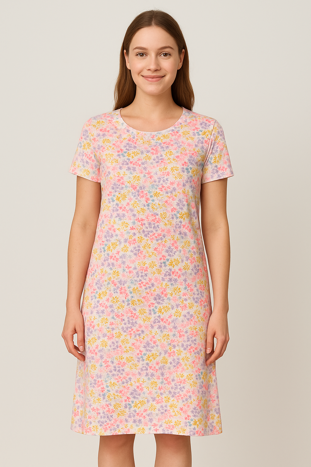 Women's Long POLO A-Line Top (Multicolored Flowers)