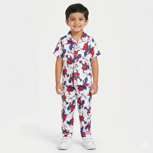 Kids Collar Night Suit Set (White Spidey Wham)