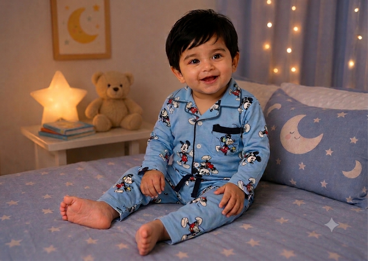 Premium Cotton Collar Full Sleeves Night Suit Set for Kids | Boys & Girls Sleepwear - Blue Small Micky