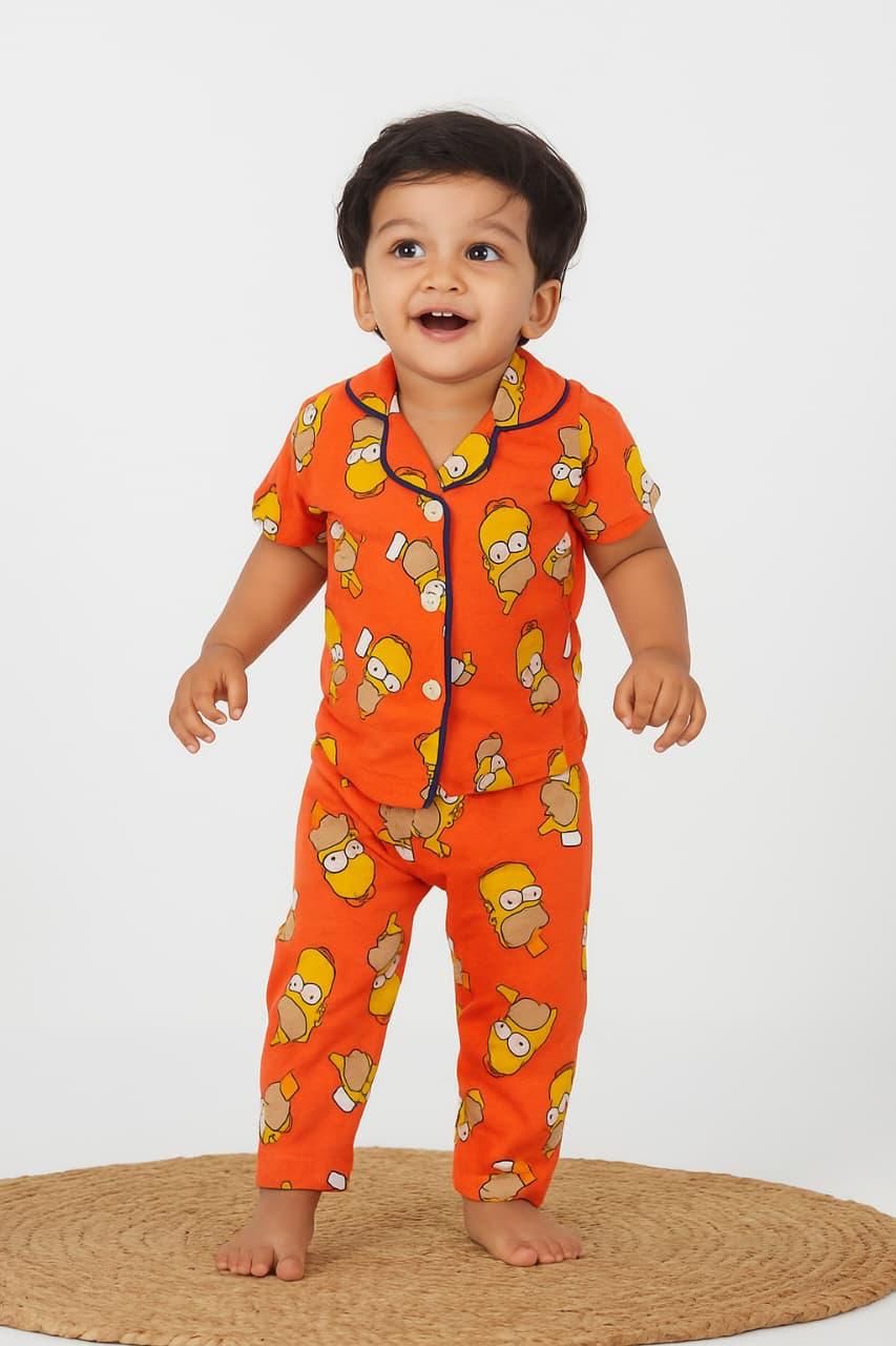 Kid's Collar night Suits (Orange  Yellow Faces)