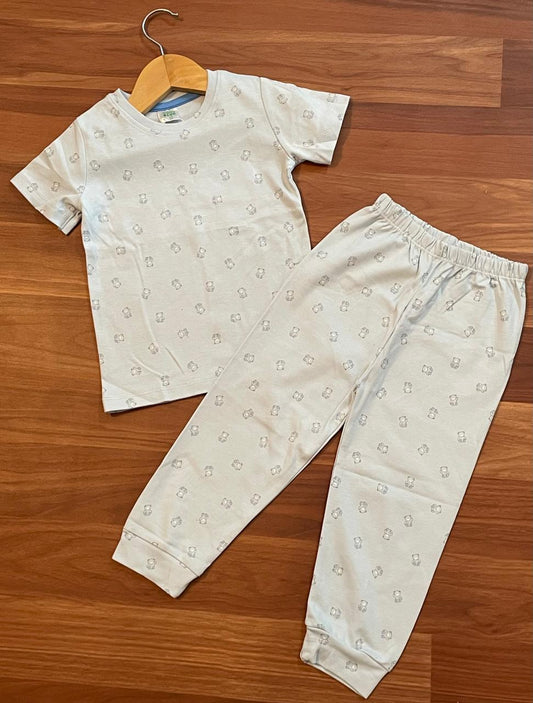 Premium Ribbed Shorts sleeves Tshirt with Pant (Blue Bear)