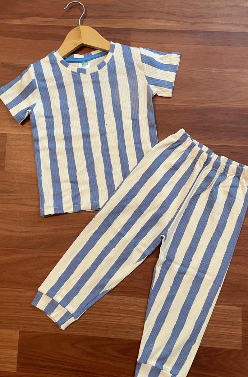 Premium Ribbed Shorts sleeves Tshirt with Pant (Blue stripes)