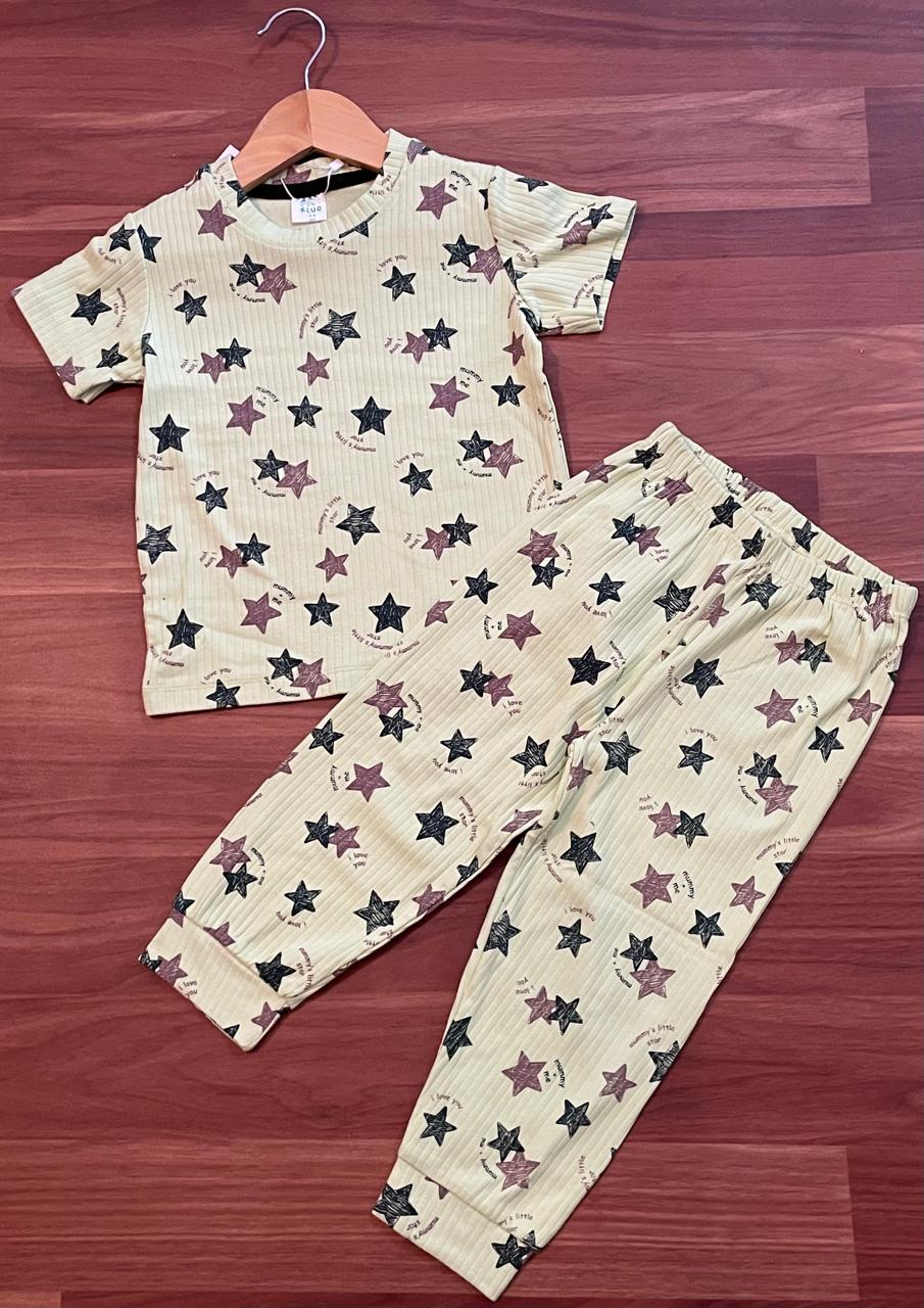 Premium Ribbed Shorts sleeves Tshirt with Pant (Lemon Green Star)