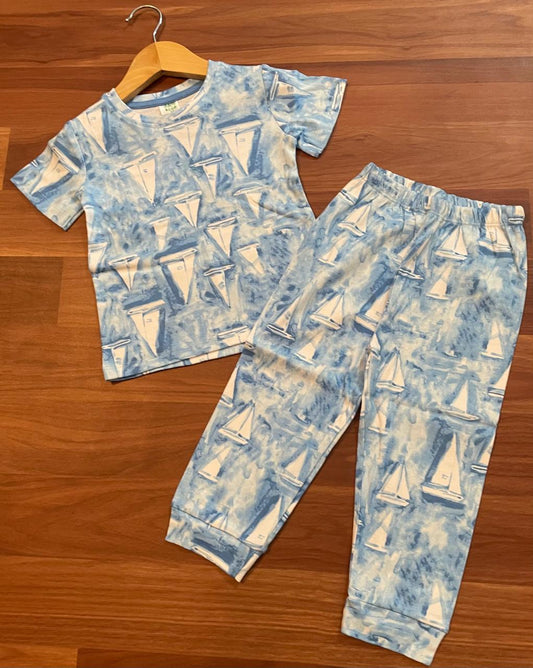 Premium Cotton Shorts sleeves Tshirt with Pant (Blue Ship)