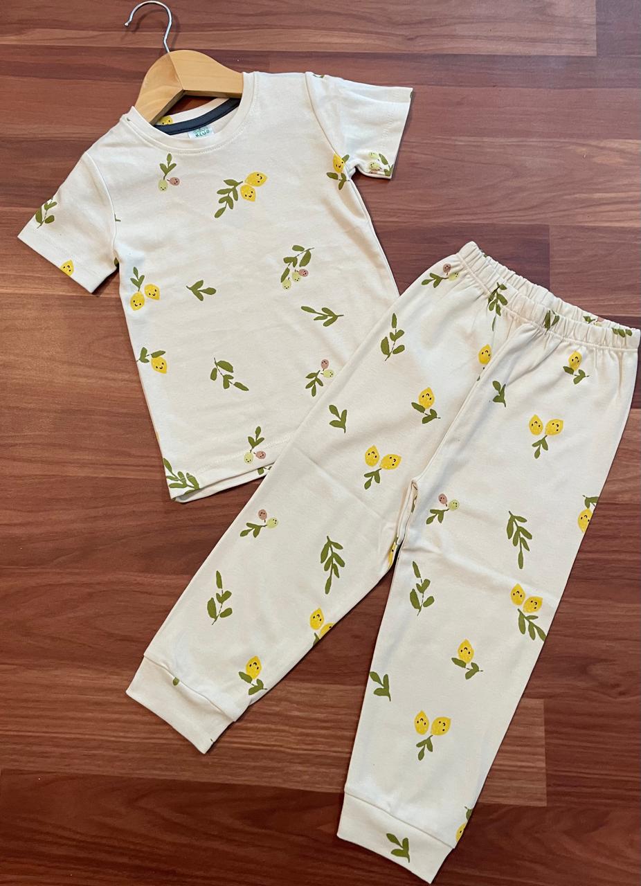 Premium Ribbed Shorts sleeves Tshirt with Pant (Beige Lemon)