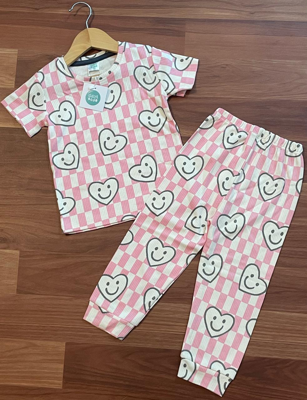 Premium Ribbed Shorts sleeves Tshirt with Pant (Pink Heartin)