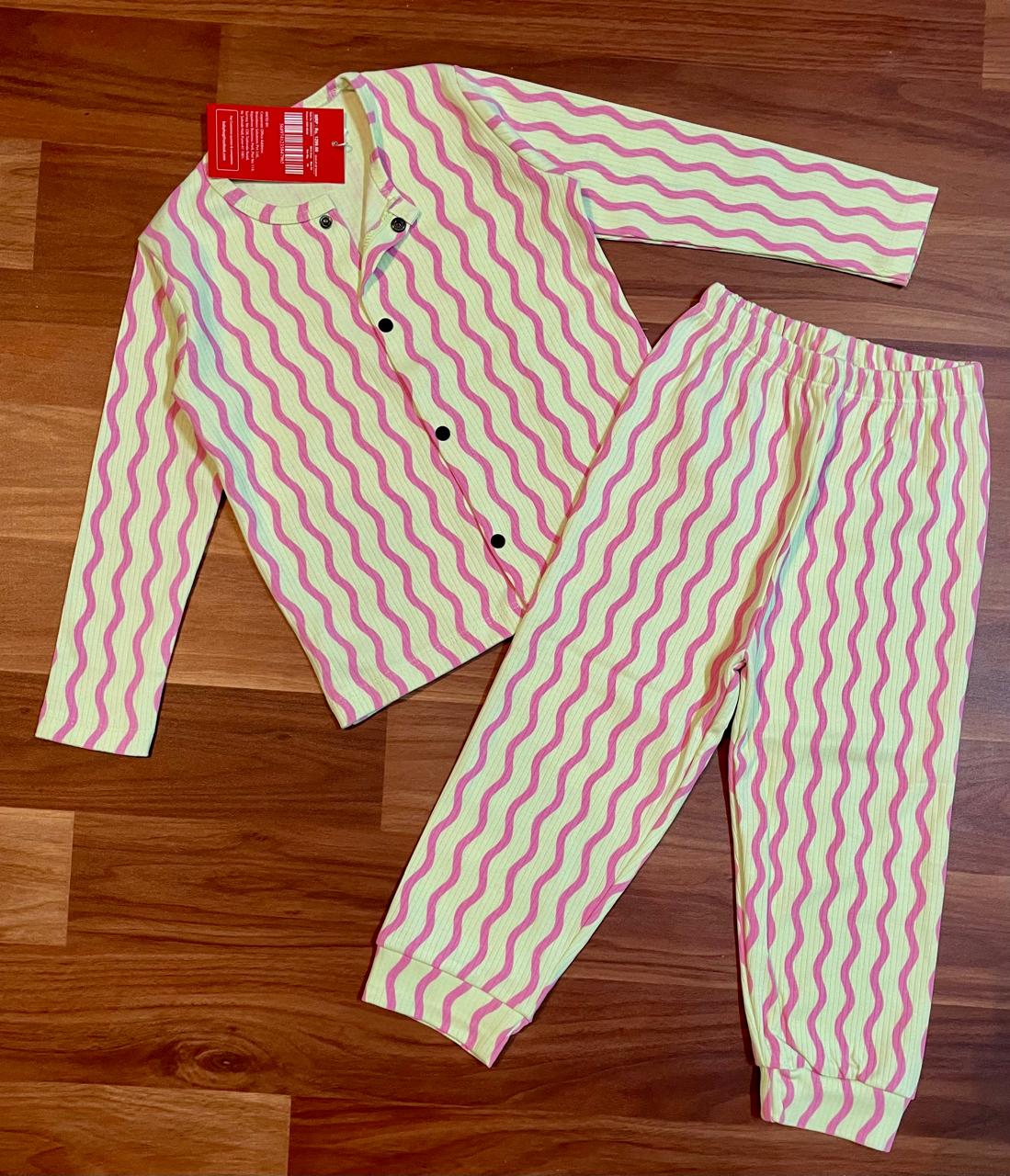Kid's Front Open Lounge Wear Sets (Greeny Wavy Pinky)