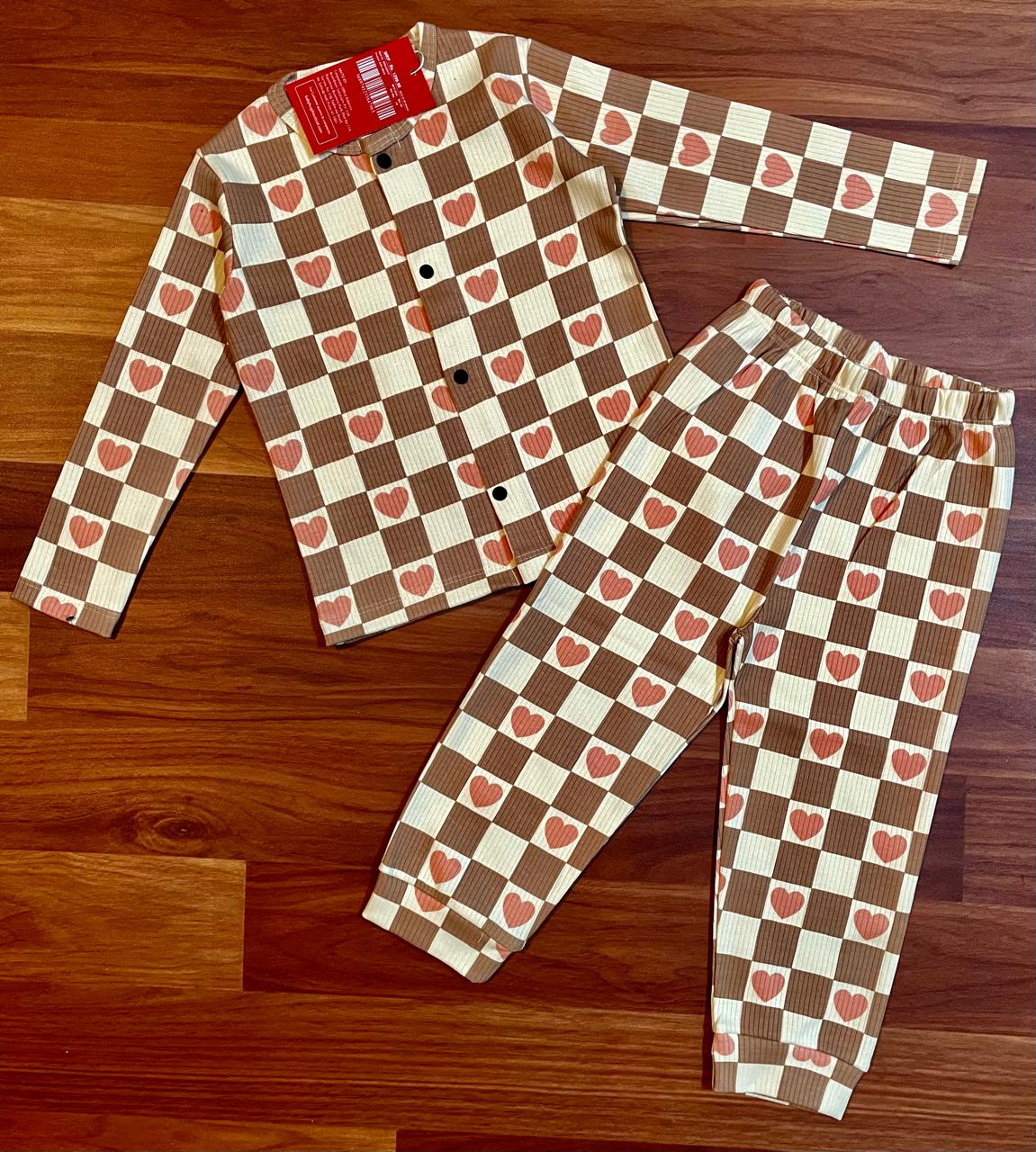 Kid's Front Open Lounge Wear Sets (Brown Checked Heartin)
