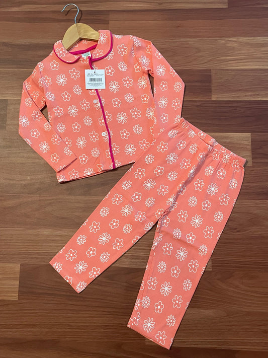 Kid's Collar night Suits (Orange Flower)
