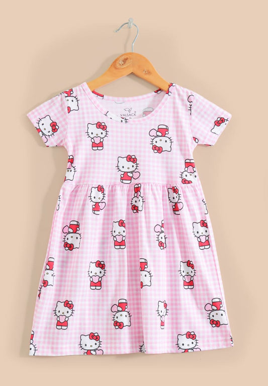 Half Sleeves Cotton Frocks (Pink Checked Kitties)
