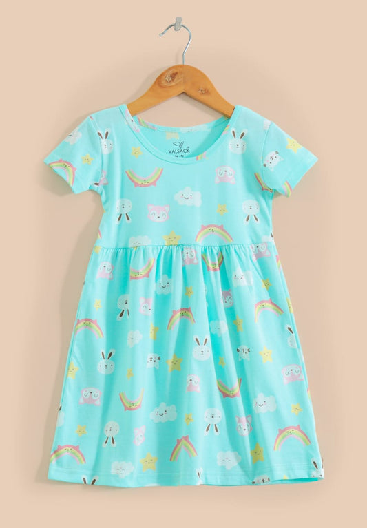 Half Sleeves Cotton Frocks (Blue Rainbow Bunny)