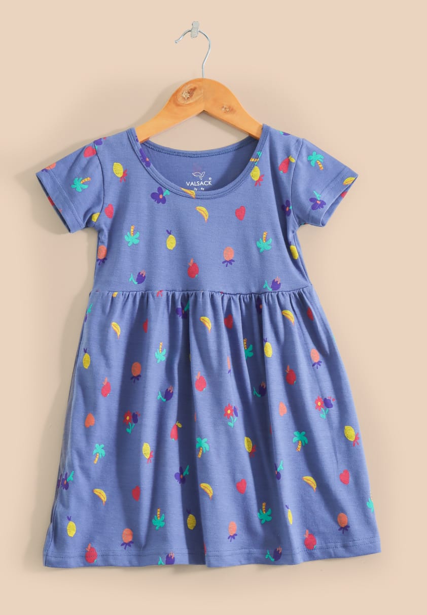Half Sleeves Cotton Frocks (Blue Fruits)