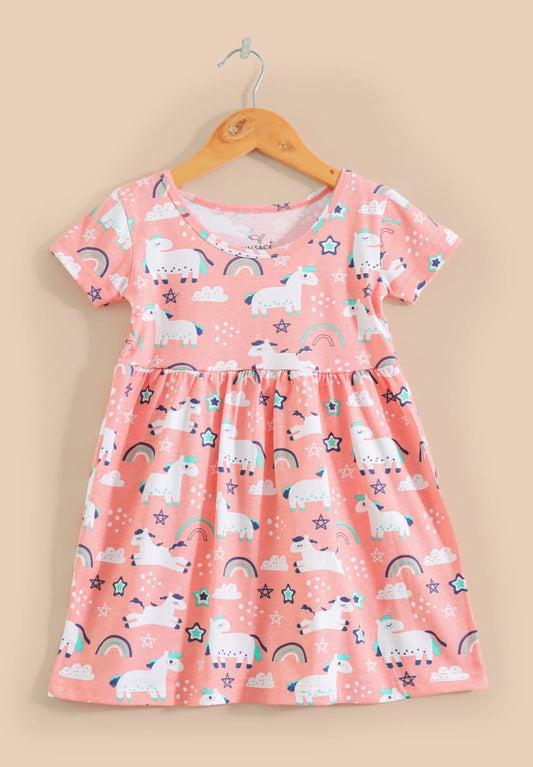 Half Sleeves Cotton Frocks (Orange Unicorns)