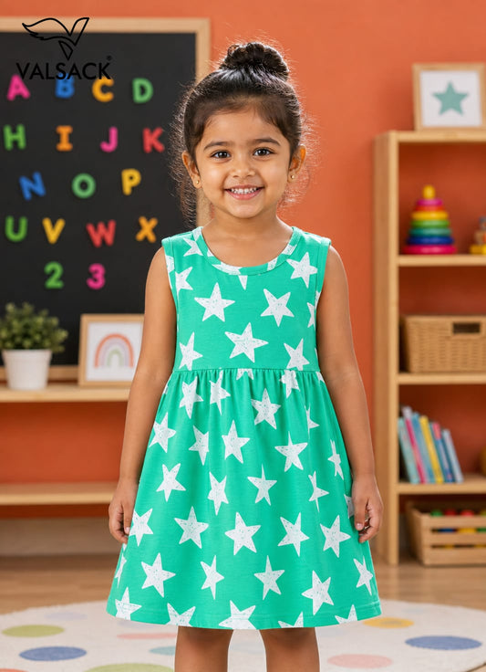 Sleeveless Cotton Frocks ( Green Star)