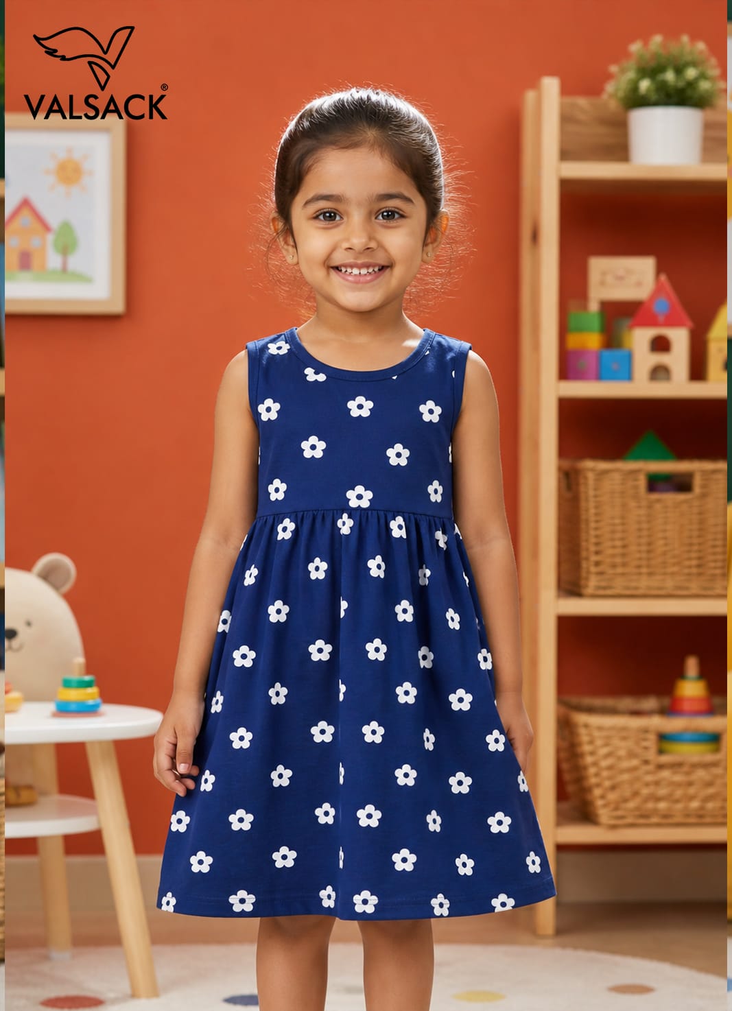 Sleeveless Cotton Frocks ( Navy White Flowers)