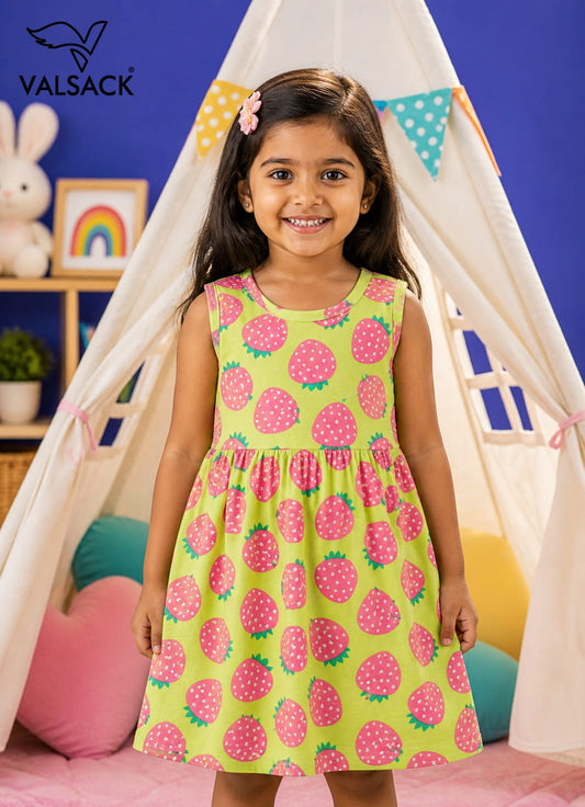Sleeveless Cotton Frocks ( Green Strawberry)