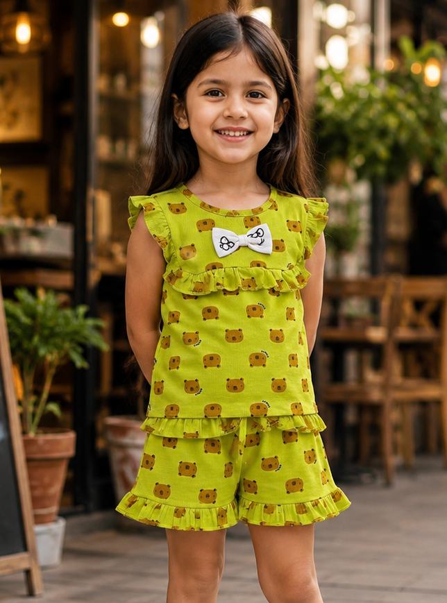 Airport - Premium Ribbed Frill Tops & Shorts Sets (Green Chicco)