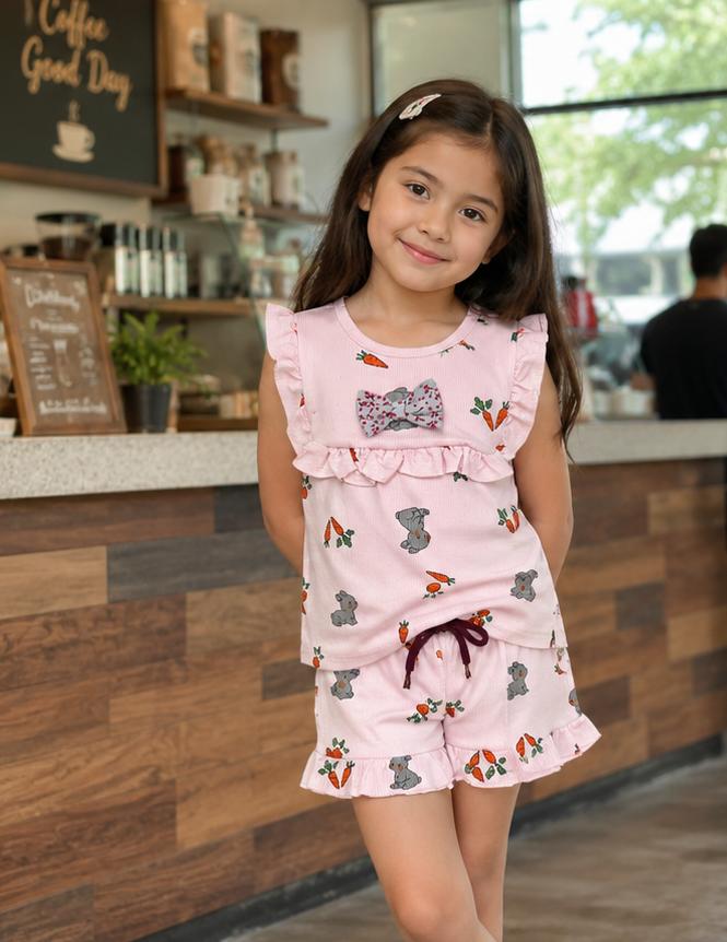 Airport - Premium Ribbed Frill Tops & Shorts Sets (Pink Carrot)