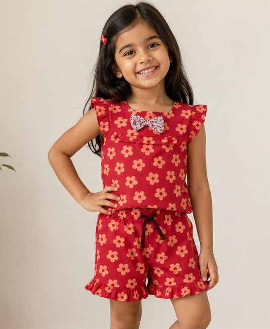 Airport - Premium Ribbed Frill Tops & Shorts Sets (Red Sand Flower)