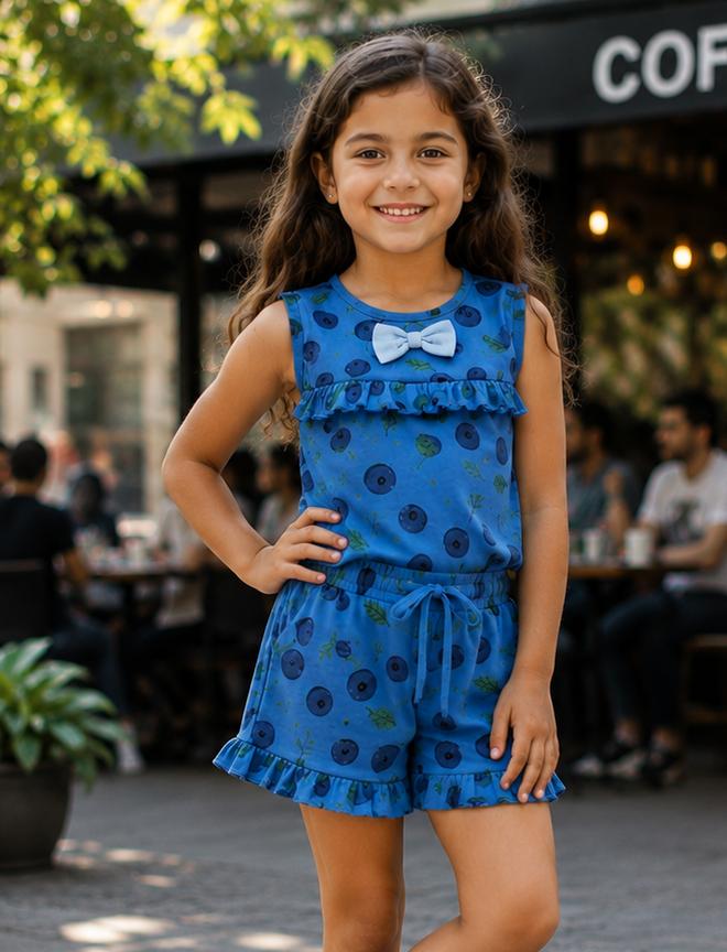 Airport - Premium Ribbed Frill Tops & Shorts Sets (Blue Apples)