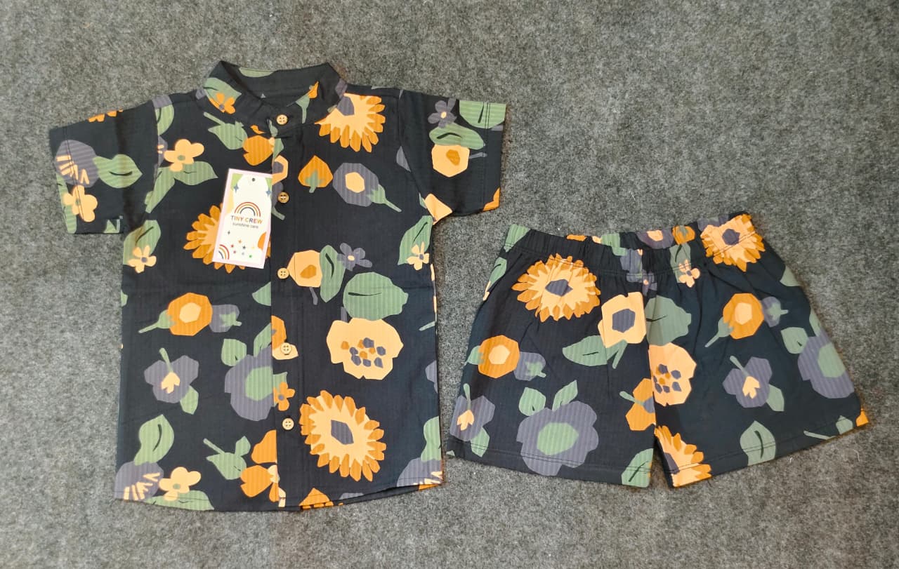 Airport - Kids Muslin Co-ord Set – Front Open Collar Shirt & Shorts ( Black Big Flowers) (Copy) (Copy)