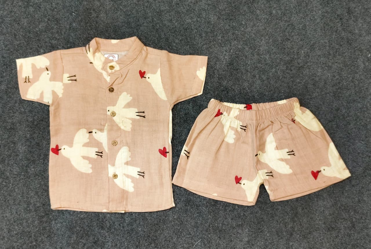 Airport - Kids Muslin Co-ord Set – Front Open Collar Shirt & Shorts ( Yellow Rooster)