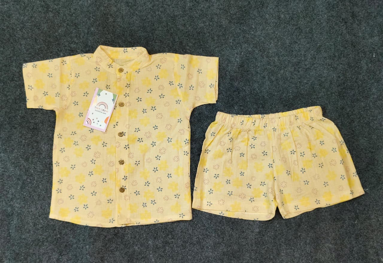 Airport - Kids Muslin Co-ord Set – Front Open Collar Shirt & Shorts  (Sandle Colorful Flowers)