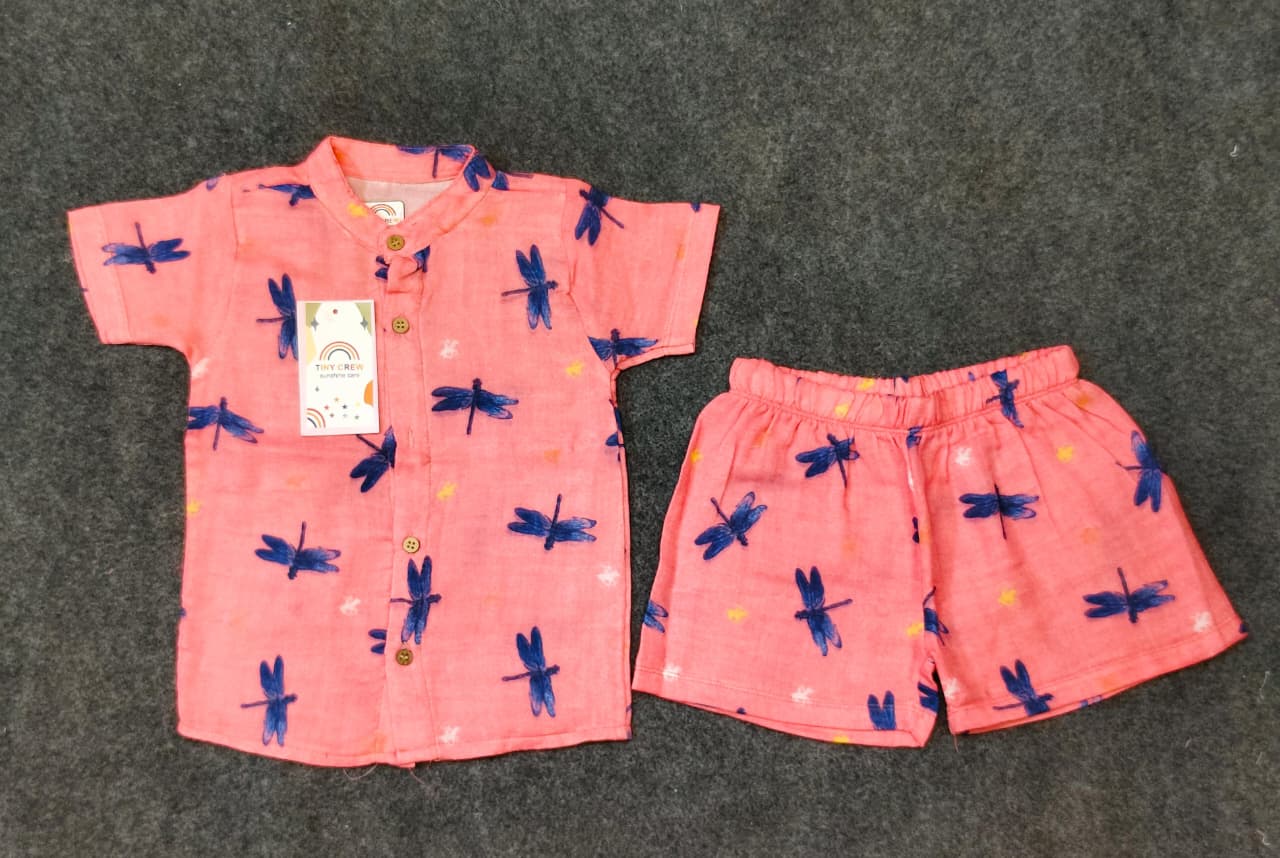Airport - Kids Muslin Co-ord Set – Front Open Collar Shirt & Shorts  (Peach Blue Trees)