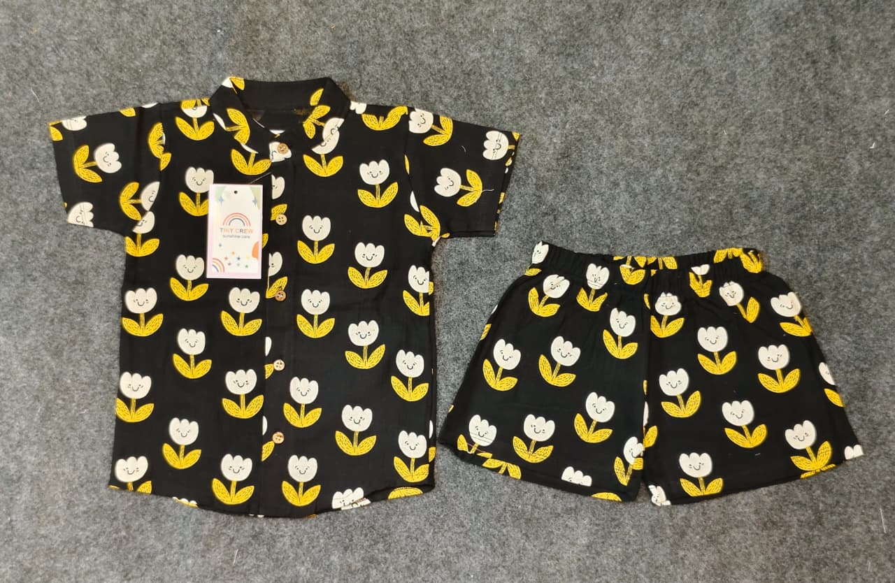 Airport - Kids Muslin Co-ord Set – Front Open Collar Shirt & Shorts (Black Smiley Flowers)