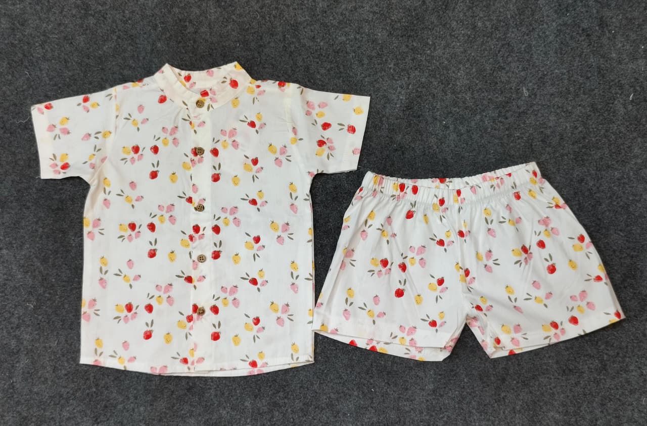 Airport - Kids Muslin Co-ord Set – Front Open Collar Shirt & Shorts (Red , Orange, Pink Strawberrys)