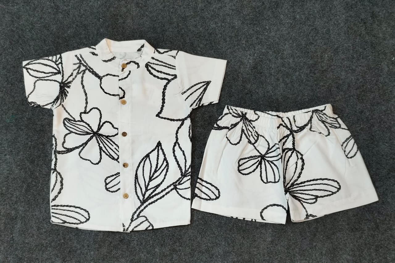 Airport - Kids Muslin Co-ord Set – Front Open Collar Shirt & Shorts  (White and Black)