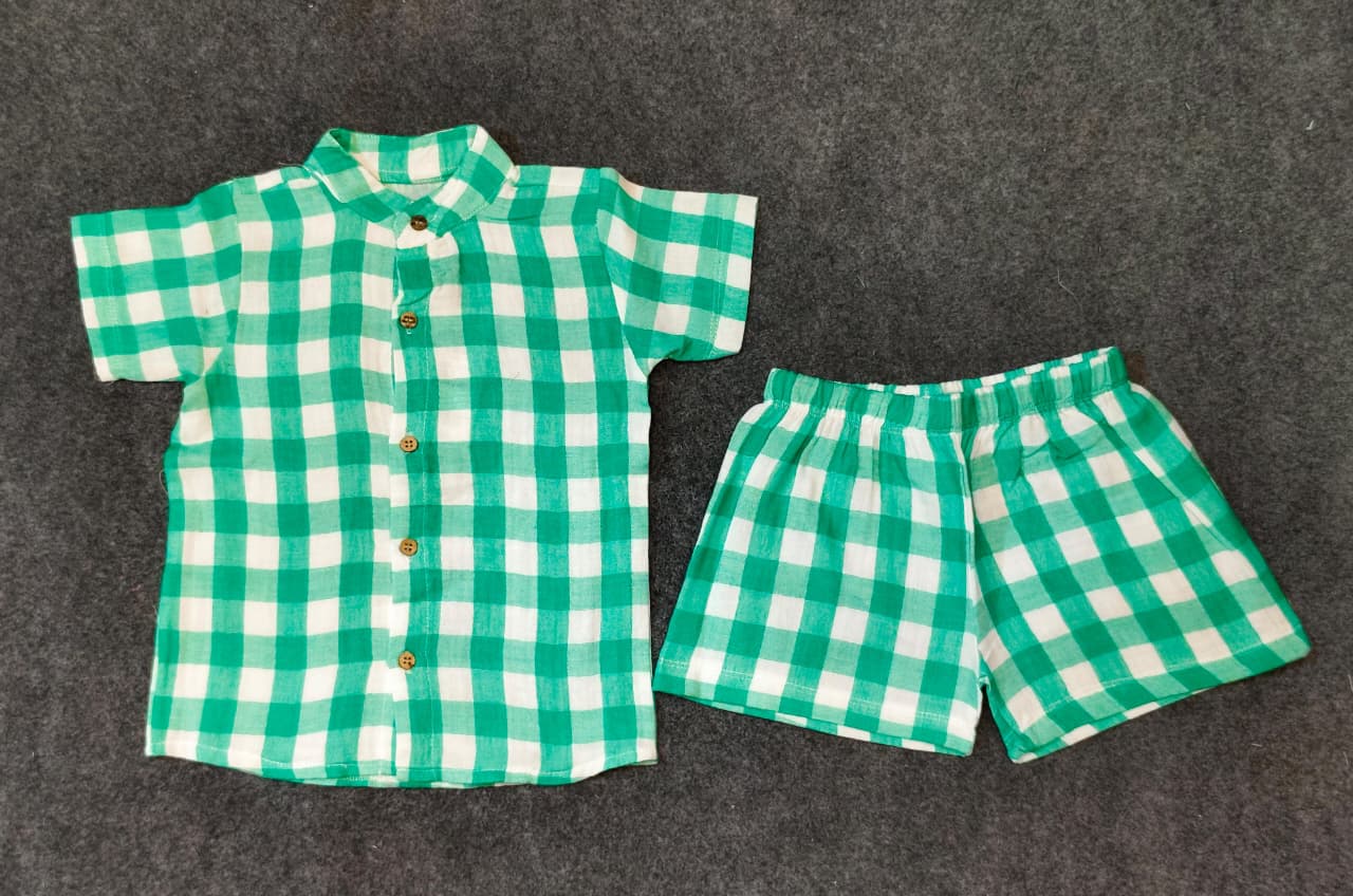 Airport - Kids Muslin Co-ord Set – Front Open Collar Shirt & Shorts ( Green White Checks) (Copy)