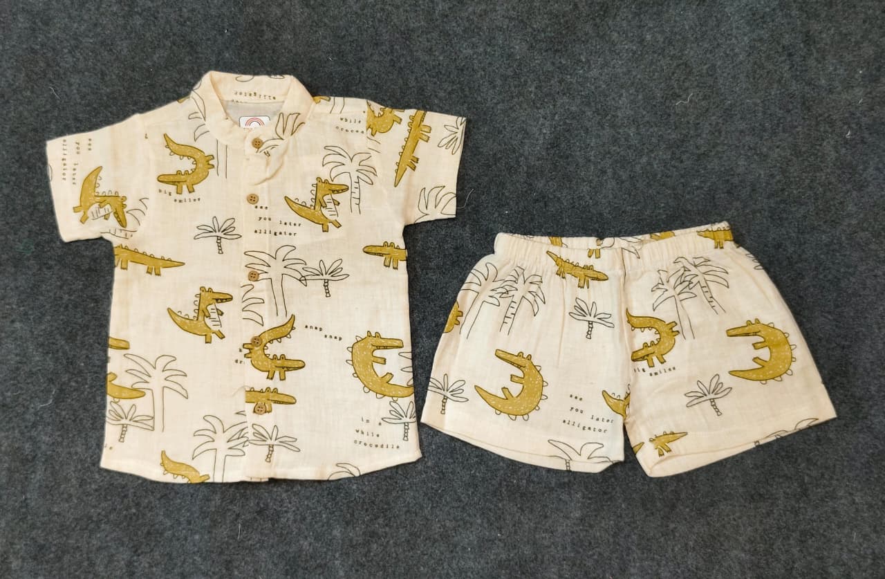 Airport - Kids Muslin Co-ord Set – Front Open Collar Shirt & Shorts (Shap Crocodiles)