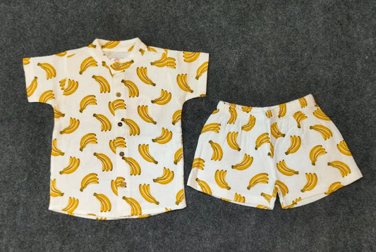 Airport - Kids Muslin Co-ord Set – Front Open Collar Shirt & Shorts (Yellow 3 Bananas)