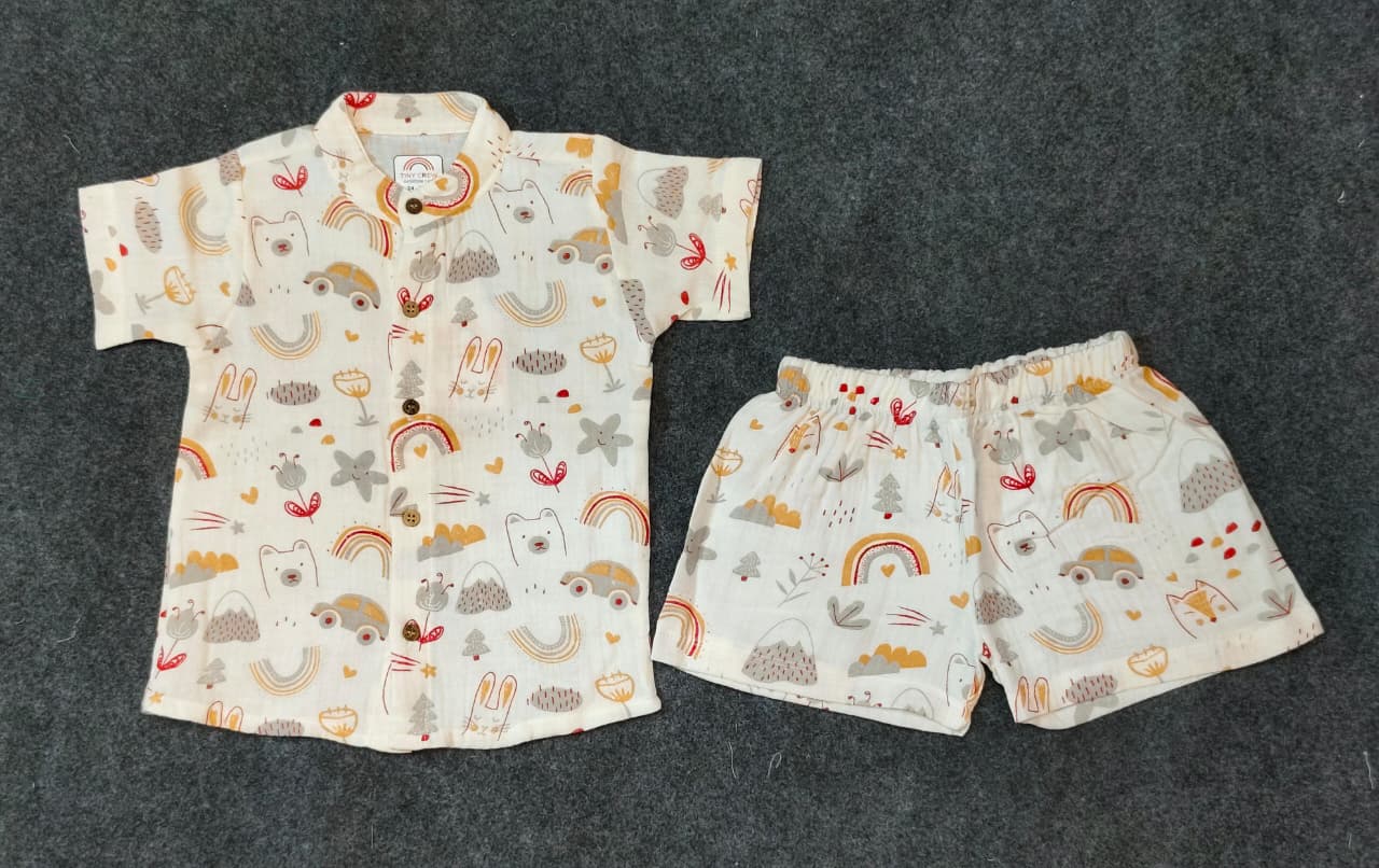 Airport - Kids Muslin Co-ord Set – Front Open Collar Shirt & Shorts  (Cream Rainbow)