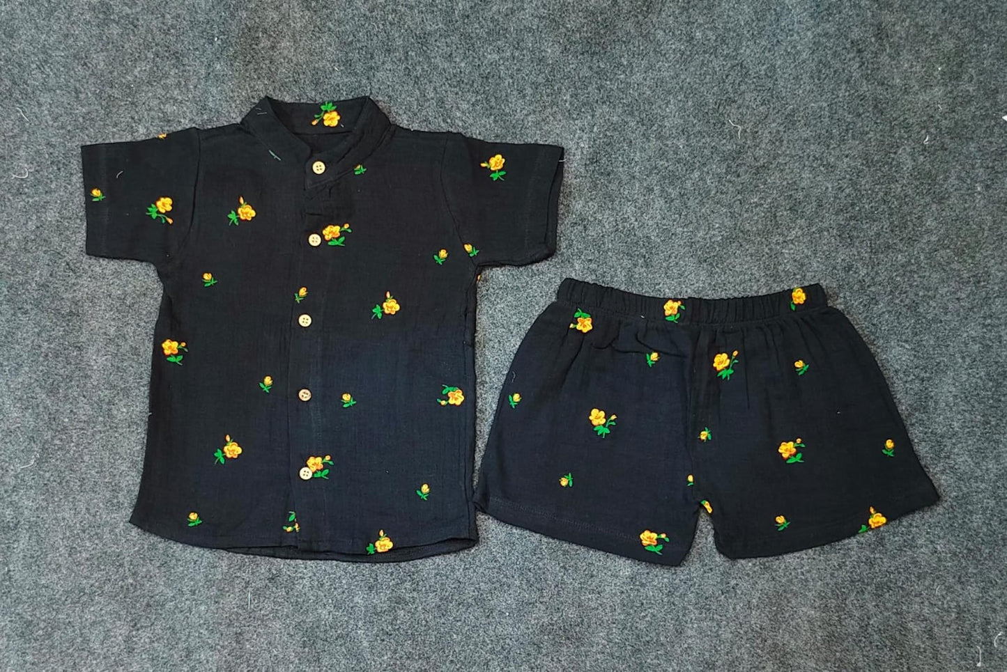 Airport - Kids Muslin Co-ord Set – Front Open Collar Shirt & Shorts ( Black Small Flowers)