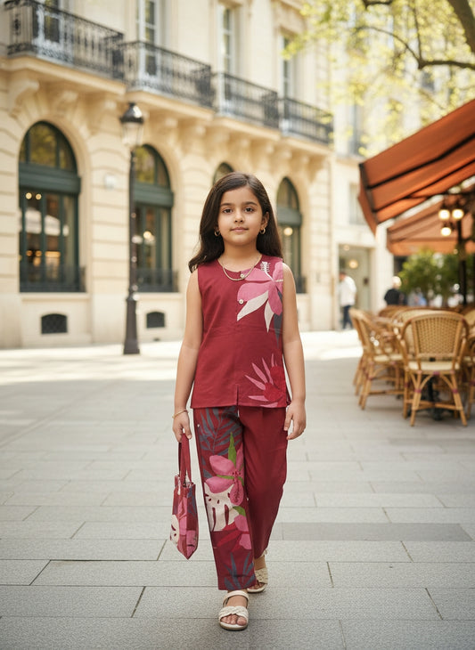(C002) - Airport - Casual Kids Co-ord Set – Front Open Shirt & Pant (Maroon Love)