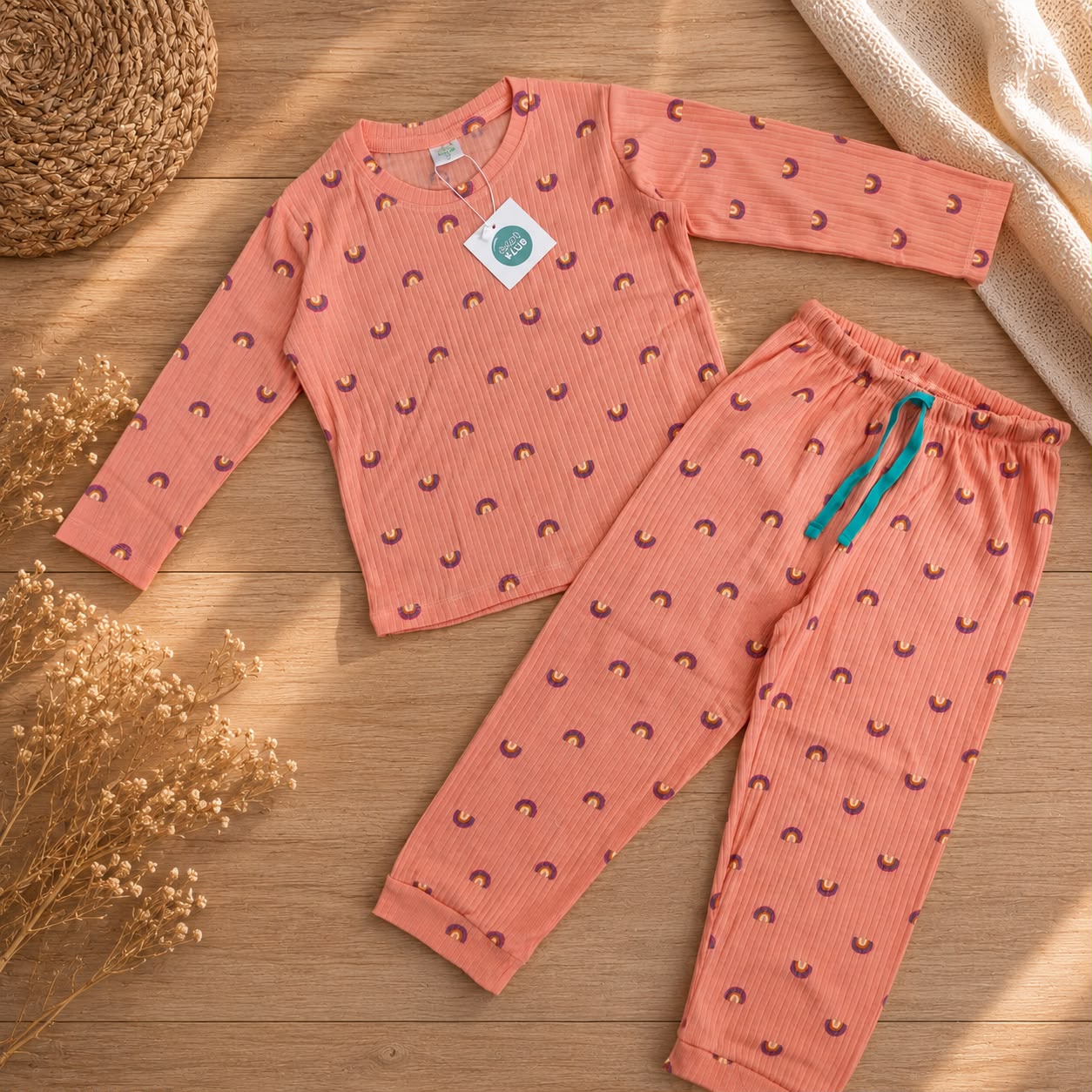 Premium  Ribbed Full  sleeves Tshirt with Pant (Rust Rainbow)