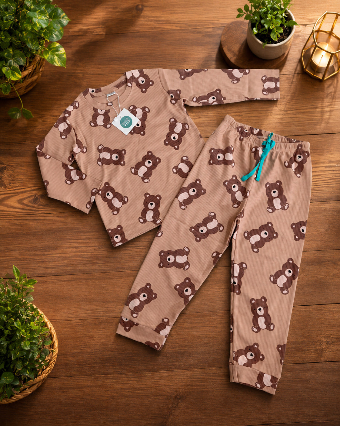 Premium  Ribbed Full  sleeves Tshirt with Pant (Brown Big Teddy)