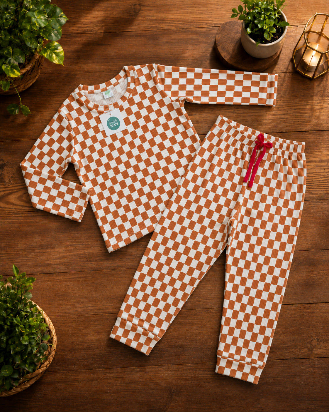 Premium  Ribbed Full  sleeves Tshirt with Pant (Brown Cream Checks)